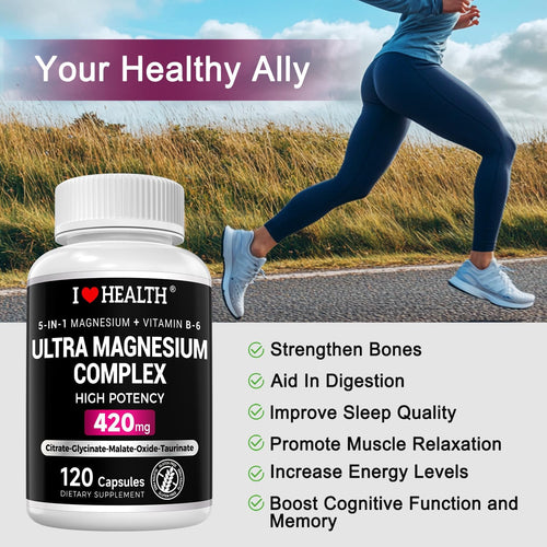 5-in-1 Magnesium Complex + Vitamin B6 Supplement - 420MG - High Absorption Magnesium Supplement for Sleep, Nerves, Muscles, Bones, 120 Capsules