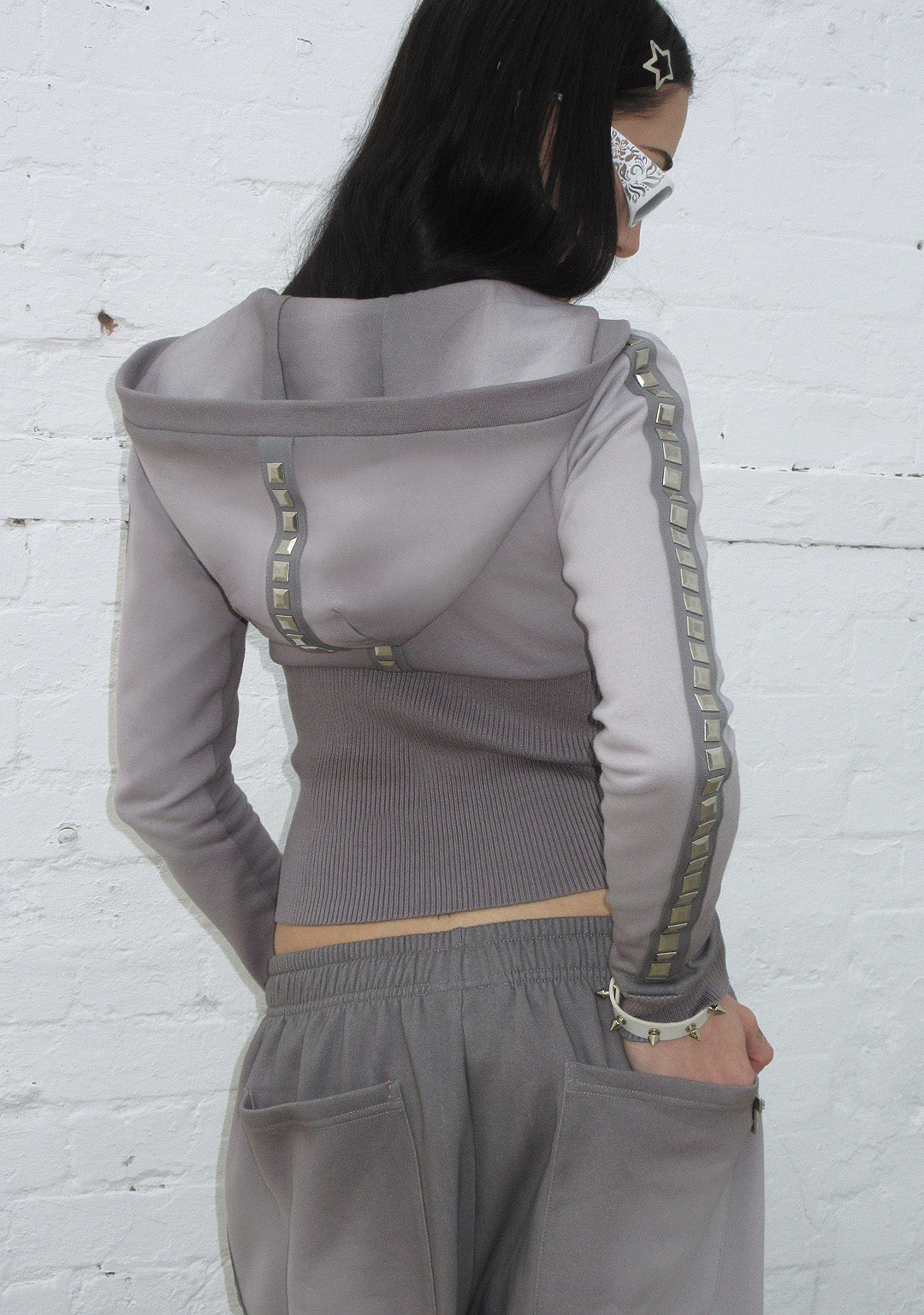 RUMOUR STUDDED FITTED ZIP HOODIE GRADIENT GREY