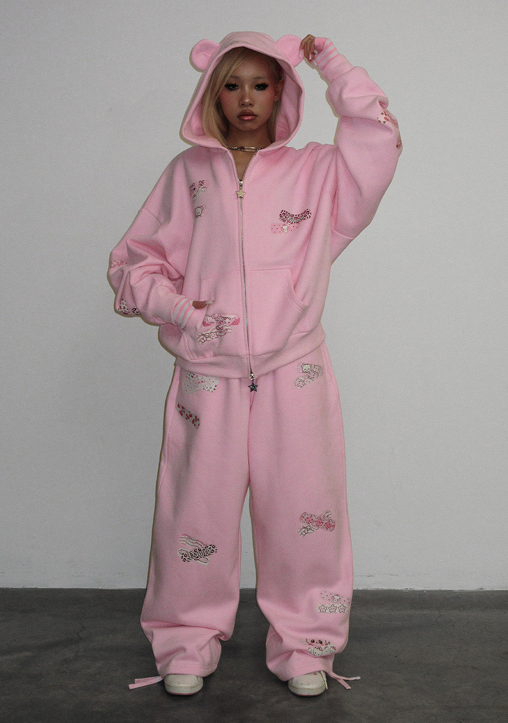 STITCH TEDDY OVERSIZED SWEATPANTS BABY PINK