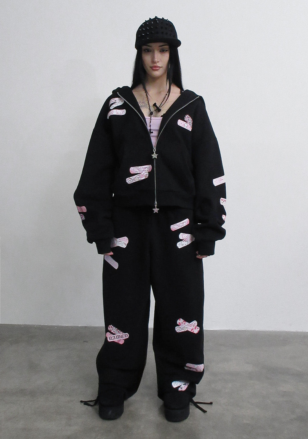 STITCH TEDDY ZIP HOODIE BLACK